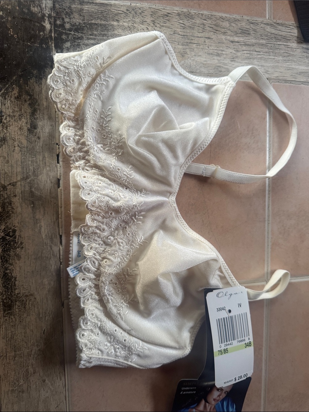 Olga Ivory Satin-Look Lace Trim Unlined Bra